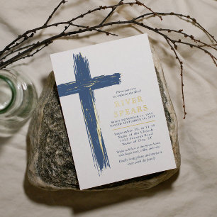 Blue & Gold Brush Stroke Cross Funeral Memorial Foil Invitation