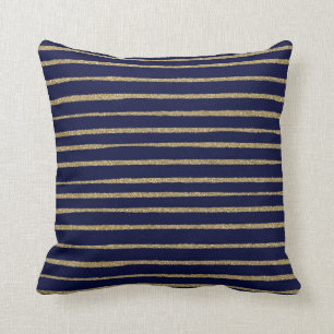 Blue Gold Brush Strokes Stripes Throw Pillow