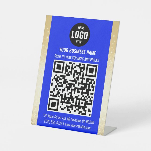 Blue & Gold Business QR Code Pedestal Sign (Front)