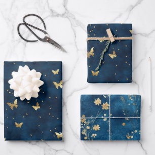 Blue Gold Butterflies Flowers Bridal Shower Wrapping Paper Sheets