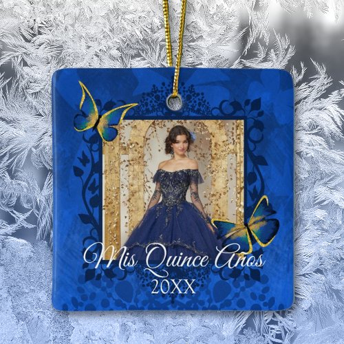 Blue Gold Butterflies Quinceanera Photo Ceramic Ornament