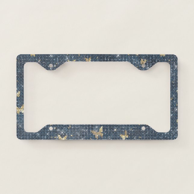 Blue Gold Butterflies Sparkle License Plate Frame (Front)