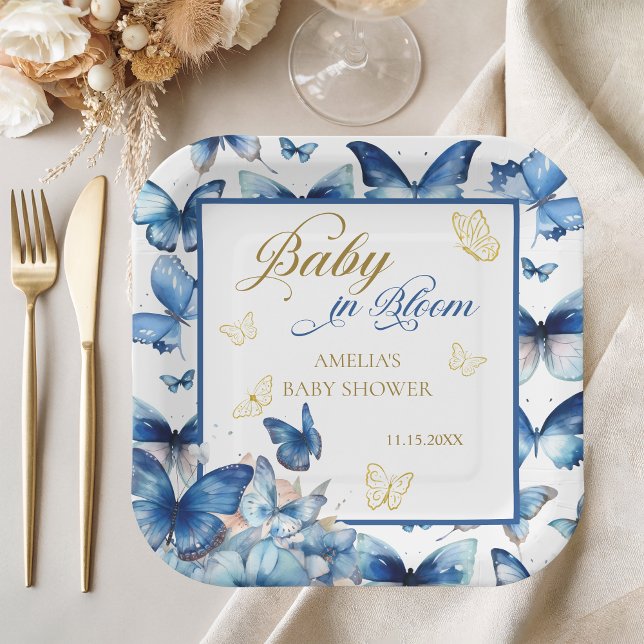 Blue Gold Butterfly Baby in Bloom Shower Paper Plates (Creator Uploaded)