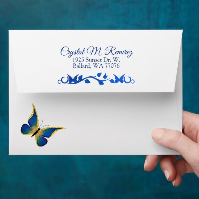 Blue, Gold Butterfly Envelope for Invitations (Hand)