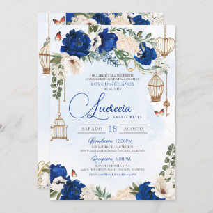 Blue Gold Butterfly Floral Elegant Quinceañera Invitation