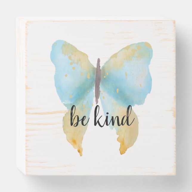 Blue Gold Butterfly inspirational quote be kind Wooden Box Sign (Front Horizontal)