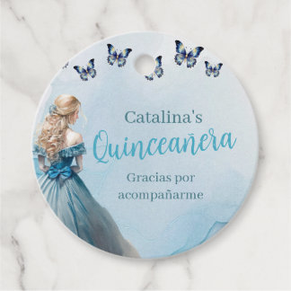 Blue Gold Butterfly Princess Quinceañera Favor Tags