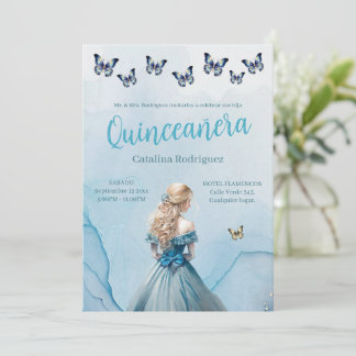Blue Gold Butterfly Princess Quinceañera Invitation