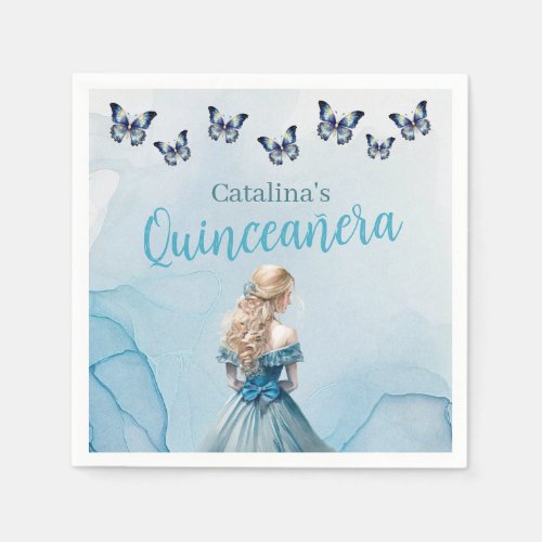 Blue Gold Butterfly Princess Quinceaera Napkins