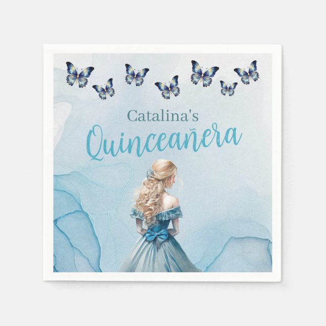 Blue Gold Butterfly Princess Quinceañera Napkins (Front)