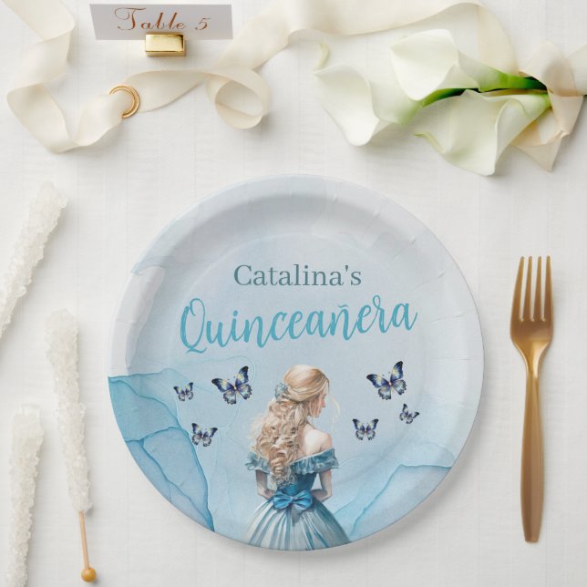 Blue Gold Butterfly Princess Quinceañera Paper Plates (Wedding)
