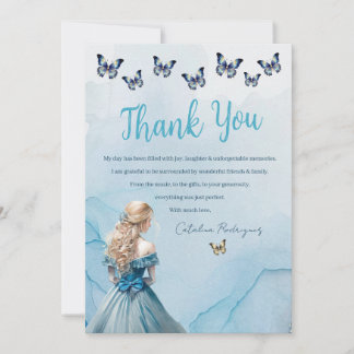 Blue Gold Butterfly Princess Quinceañera Thank You Card