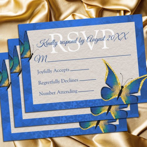 Blue Gold Butterfly Quinceaera RSVP Card