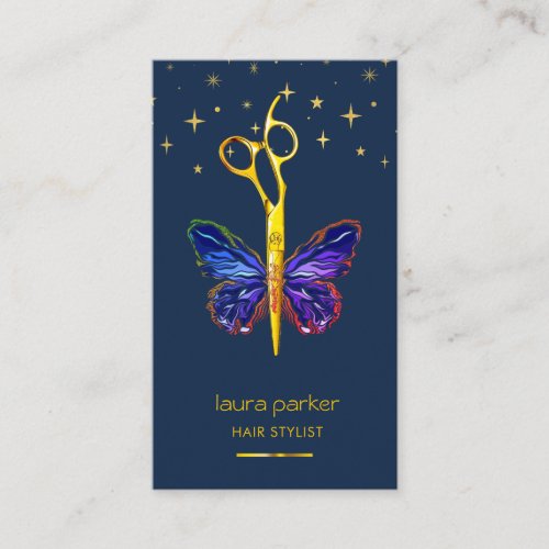Blue Gold Butterfly Scissor Hair Stylist Salon Business Card