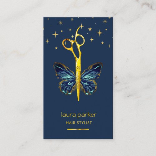 Blue Gold Butterfly Scissor Hair Stylist Salon Business Card