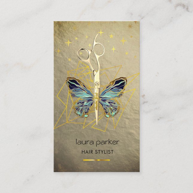 Blue Gold Butterfly Scissor Hair Stylist Salon Business Card (Front)