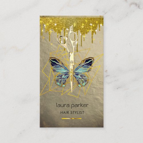 Blue Gold Butterfly Scissors Hair Stylist Salon  Business Card
