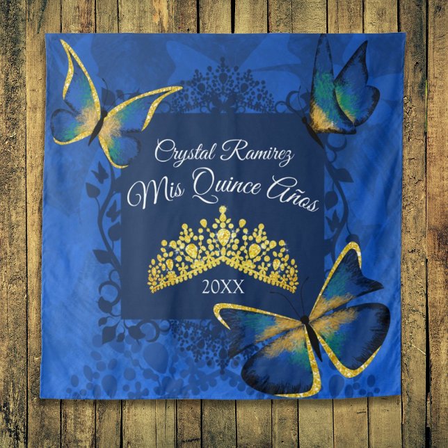Blue Gold Butterfly, Tiara Quinceanera Back Drop (blue gold party drape tapestry quinceanera mis quince anos wall sign banner welcome to quinceanera)