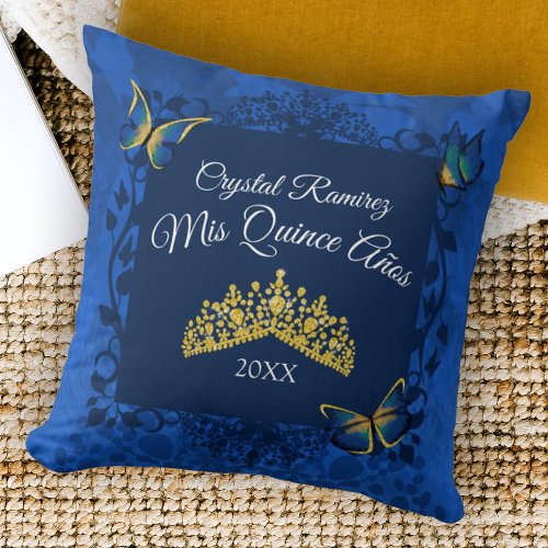 Blue Gold Butterfly Tiara Quinceanera Pillow