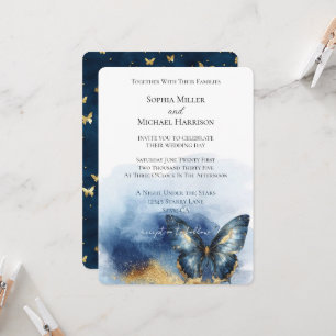 Blue Gold Butterfly Wedding Invitation
