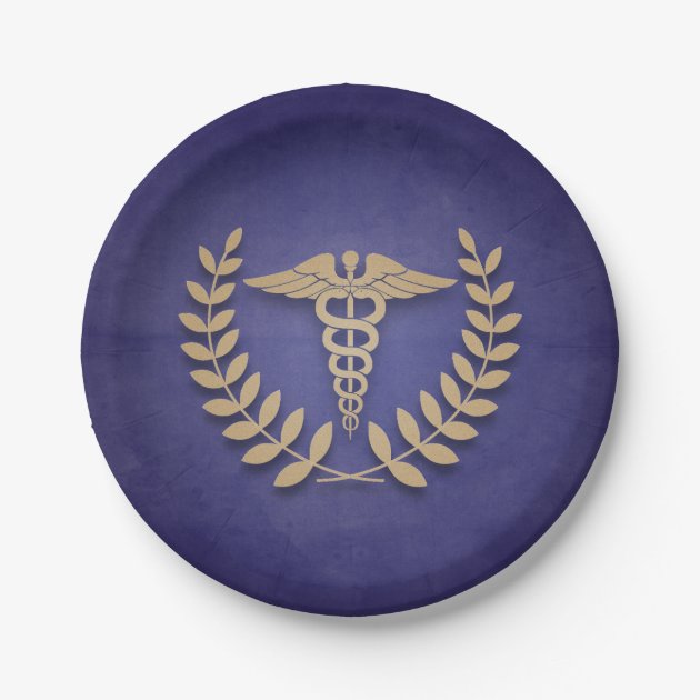 Blue+Gold Caduceus Medical Doctor Or Nurse Paper Plate