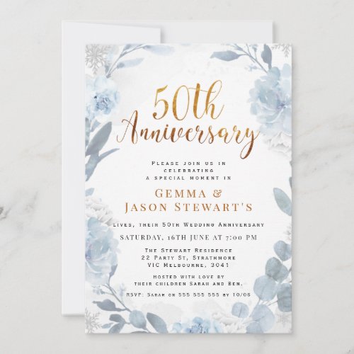 Blue Gold Calligraphy 50th Wedding Anniversary Invitation