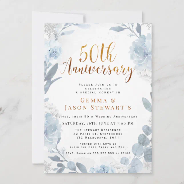 Blue Gold Calligraphy 50th Wedding Anniversary Invitation | Zazzle