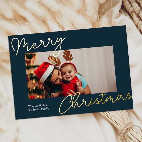 Blue Gold Calligraphy Merry Christmas Simple Photo Foil Holiday Card