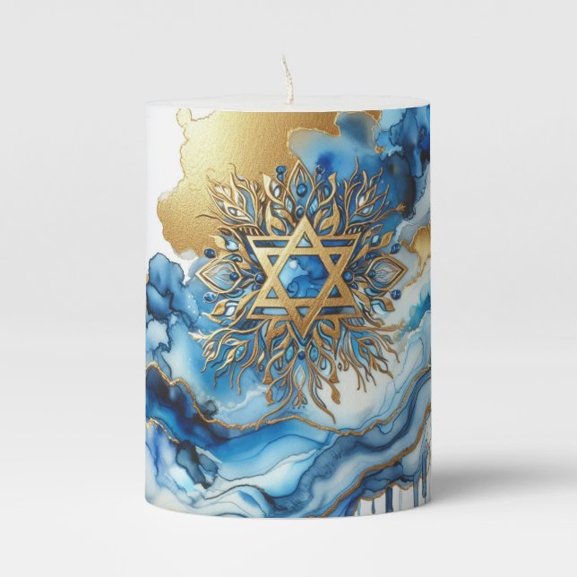 Blue Gold Candle Star Of David Abstract Waves (Front)