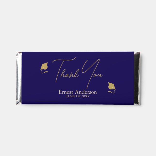 Blue Gold Cap Script Elegant Graduation Thank You Hershey Bar Favors (Front)