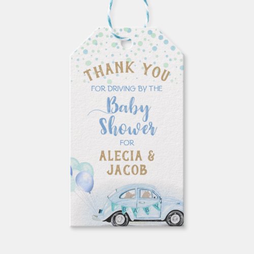Blue Gold Car Drive By Baby Shower Thank You Gift Tags