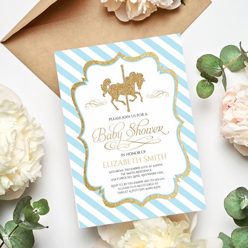 Blue Gold Carousel Baby Shower Invitation