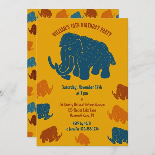 Blue  Gold Cartoon Woolly Mammoth Birthday Party Invitation