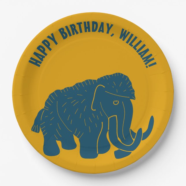 Blue & Gold Cartoon Woolly Mammoth Personalized Paper Plates (Front)