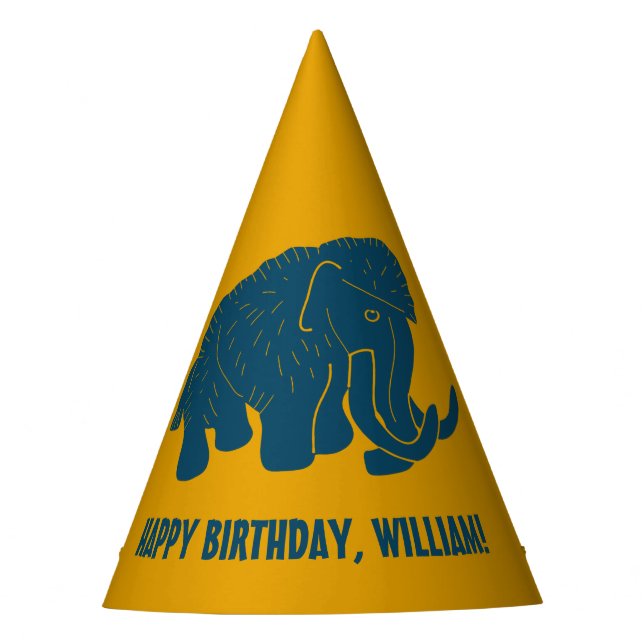 Blue & Gold Cartoon Woolly Mammoth Personalized Party Hat (Front)