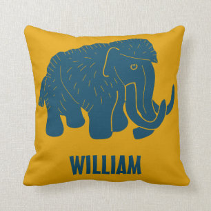 Blue & Gold Cartoon Woolly Mammoth Personalized Throw Pillow