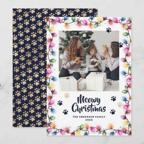 Blue Gold Cat Paws Colorful Photo Meowy Holiday Card