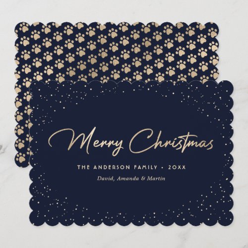 Blue Gold Cat Paws Merry Christmas Card