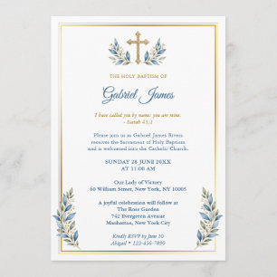 Blue & Gold Catholic Baptism Invitation