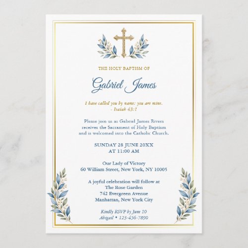 Blue & Gold Catholic Baptism Invitation