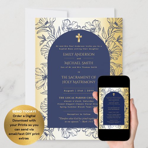 Blue Gold  Catholic Nuptial Mass Wedding Invitation