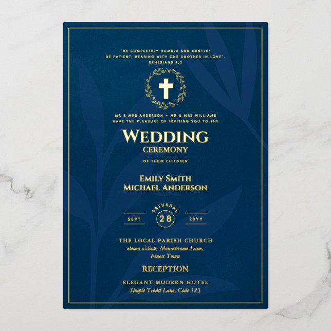 Blue Gold Catholic Wedding Elegant Formal Modern Foil Invitation (Front)