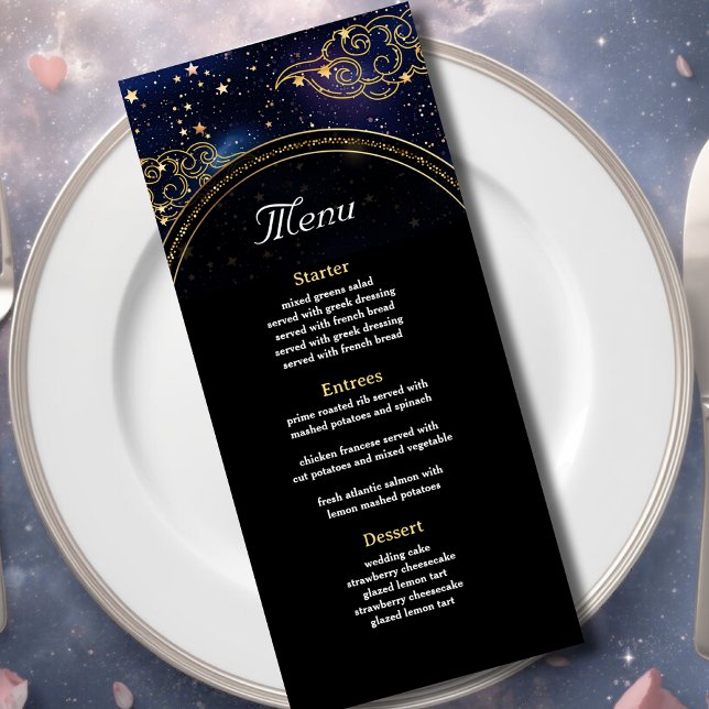 Blue gold celestial astronomy stars wedding menu (Creator Uploaded)