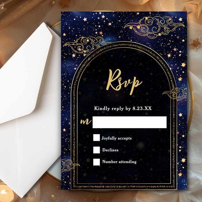 Blue gold celestial astronomy stars wedding RSVP card (Creator Uploaded)