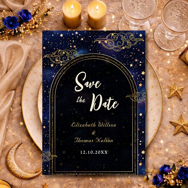 Blue gold celestial astronomy stars wedding save the date (Creator Uploaded)