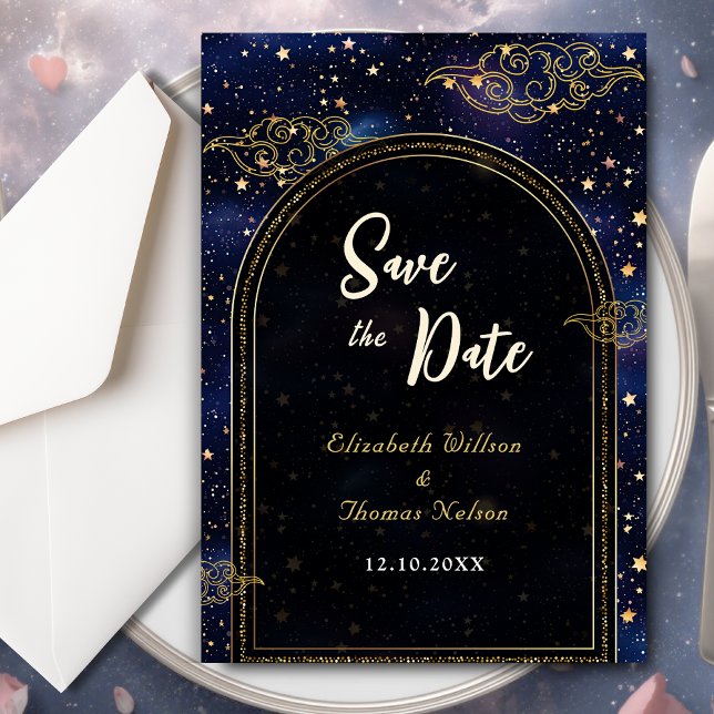 Blue gold celestial astronomy stars wedding save the date (Creator Uploaded)