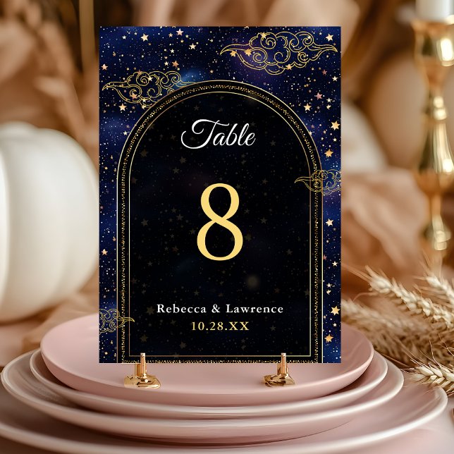 Blue gold celestial astronomy stars wedding table number (Creator Uploaded)