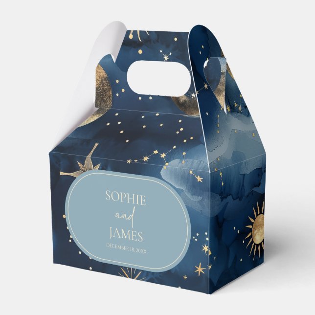 Blue Gold Celestial Elegant Starry Sky Wedding Favor Boxes (Front Side)