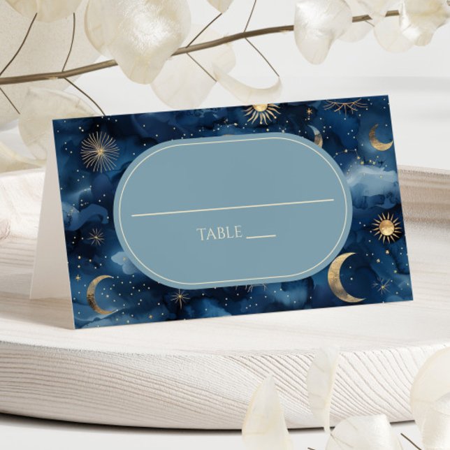 Blue Gold Celestial Elegant Starry Sky Wedding Place Card (Creator Uploaded)