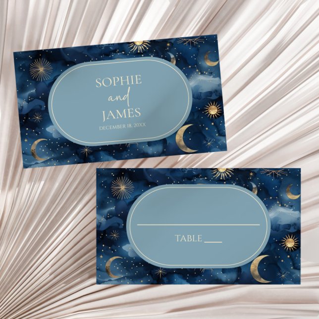 Blue Gold Celestial Elegant Starry Sky Wedding Place Card (Creator Uploaded)